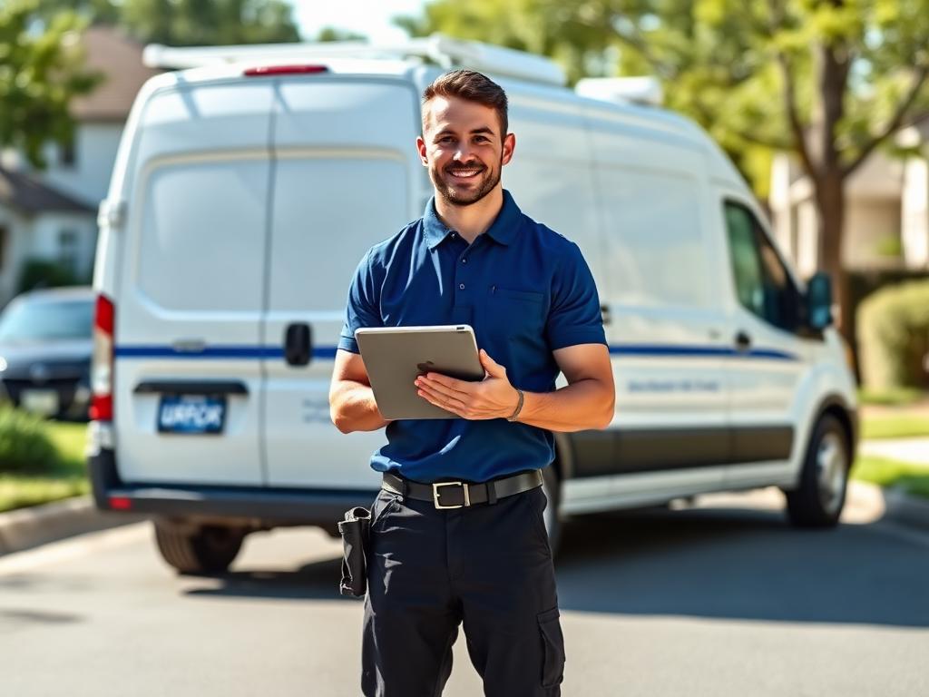Home service technician with branded van
